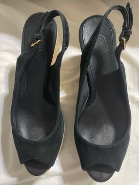 Tory Burch Black Suede Leather Peep Toe Wedge Slingback Sandals Size 7.5